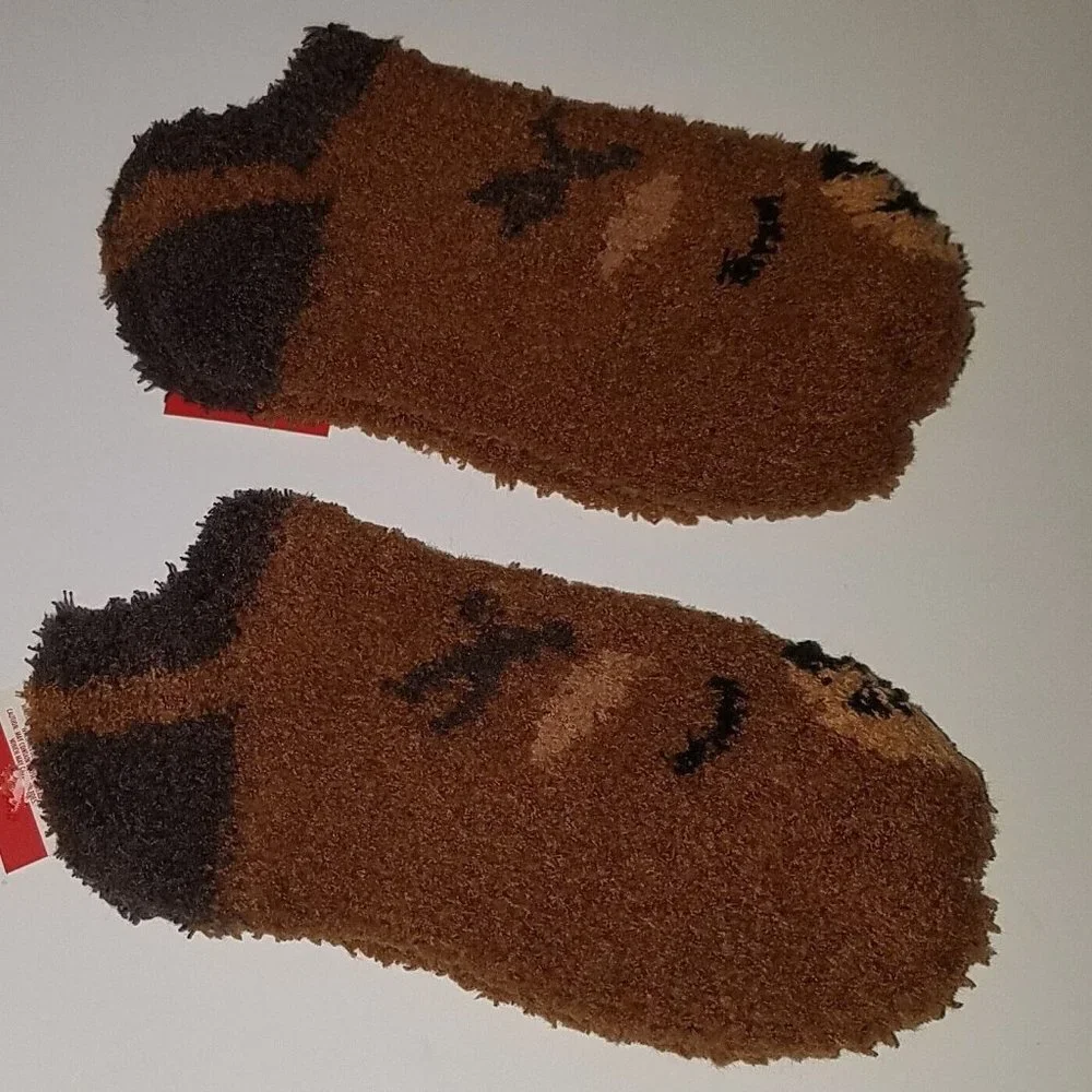 NEW 2 Pairs Brown Deer Kids Cozy Socks Fuzzy Size 7-8.5 Lot Reindeer